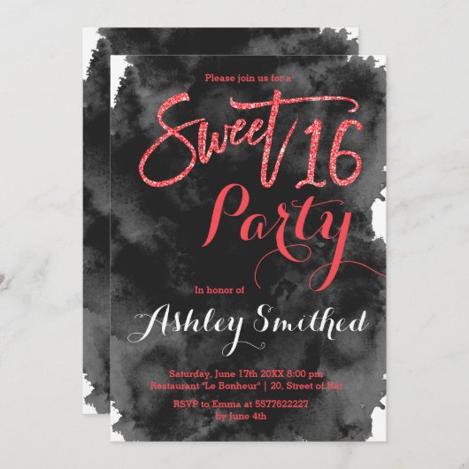 赤グリッタータイポグラフィブラック水彩スイート16 招待状 (正面/裏面)