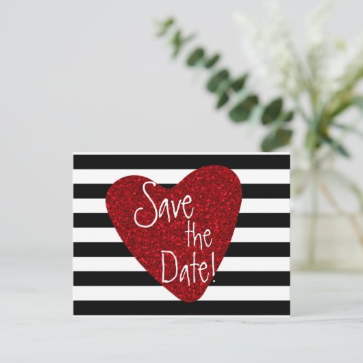 赤グリッターハート白黒ストライプのはがき 案内ポストカード (スタンド正面)