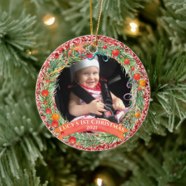 赤グリッターリース初めてのクリスマスオーナメント セラミックオーナメント