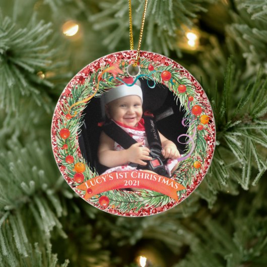 赤グリッターリース初めてのクリスマスオーナメント セラミックオーナメント (ツリー)