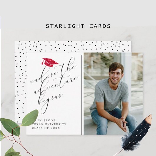 赤グリッター卒業ハットと引用文写真 案内状