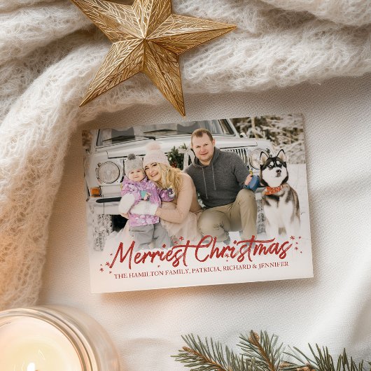 赤グリッター手書きフォトクリメリースクリスマス ポストカード