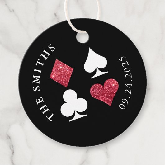 赤グリッター結婚カードの日付と名前 フェイバータグ (正面)