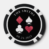 赤グリッター結婚カードの日付と名前 ポーカーチップ (裏面)