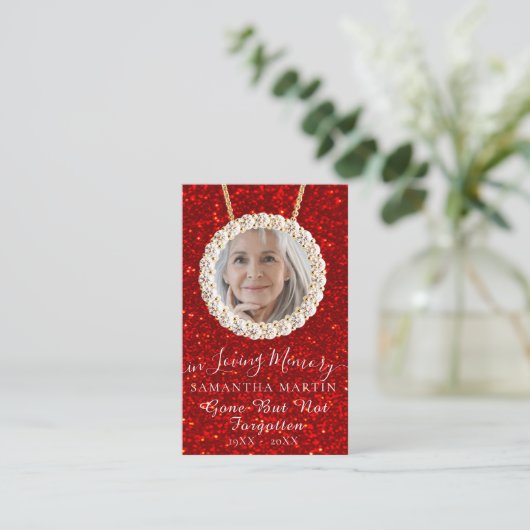 赤グリッター葬儀記念祈りの言葉フォトカード 名刺 (スタンド正面)