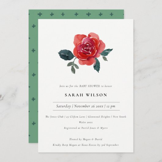 赤グリーンエレガントバラフローラベビーシャワー招待状 サンキューカード (正面/裏面)