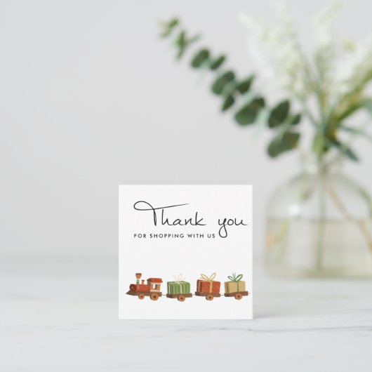 赤グリーンクリスマスギフトウッド玩具列車ありがとう スクエア名刺 (スタンド正面)