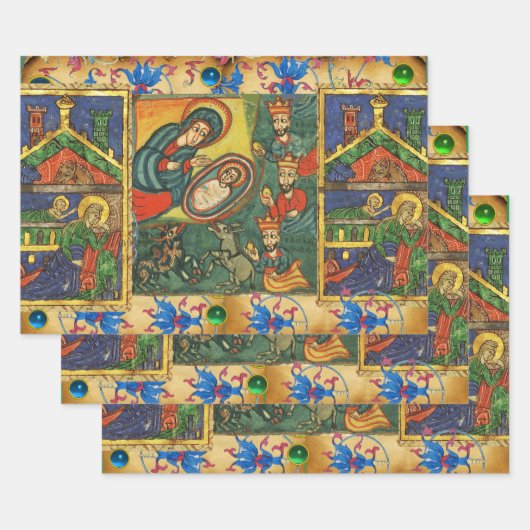 赤グリーンブルーフローラ出生クリスマスパーチメント ラッピングペーパーシート (セット)