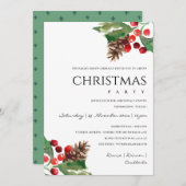 赤グリーンホリーベリーパインコーンクリスマスパーティー シーズンカード (正面/裏面)
