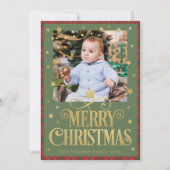 赤グリーン金ゴールドメリークリスマスフォトカード シーズンカード (正面)