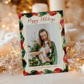 赤グリーン金ゴールド格子模様ハッピーホリデーズフォト シーズンカード