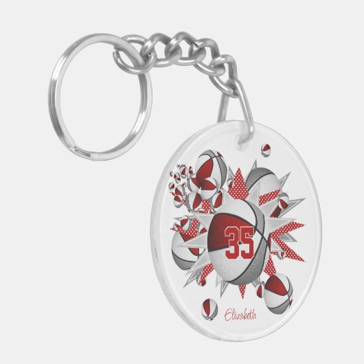 赤グレーのバスケットボールのパンク女子ジャージー番号 キーホルダー (正面左)