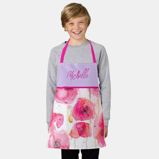 赤ケシのケシの水色絵を描の女の子 エプロン (着用した状態)