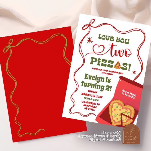赤コケット愛あなた2つのピザ2番目の誕生日ガール 招待状