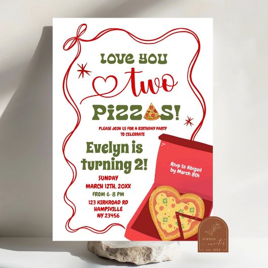 赤コケット愛あなた2つのピザ2番目の誕生日ガール 招待状