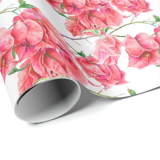 赤コーラルピンクのブーゲンビリアのパターン（の模様が）ある水色 ラッピングペーパー (ロールコーナー)