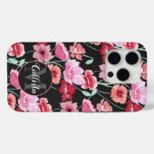 赤コーラルピンクブラックウォーター色フラワーズモノグラム Case-Mate iPhoneケース (裏面 (横))