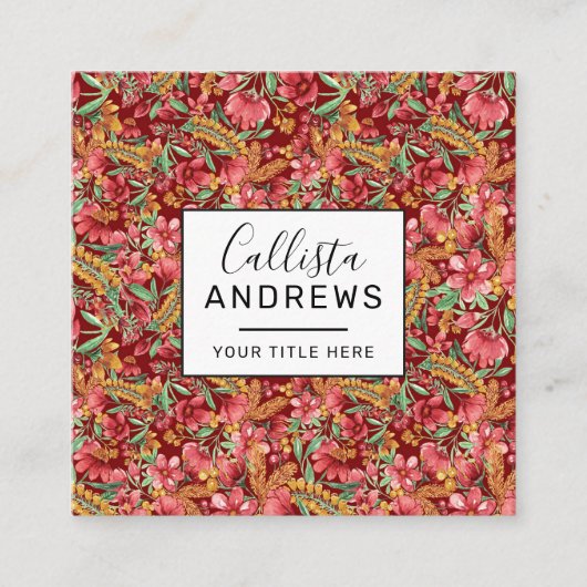 赤ゴールデンイエローグリーン水彩花パターン スクエア名刺 (正面)