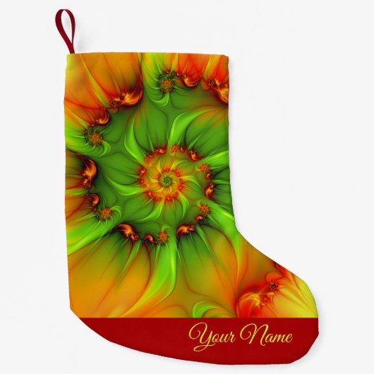 赤ゴールデングリーンカラー抽象芸術フラクタルアート名 スモールクリスマスストッキング (正面)