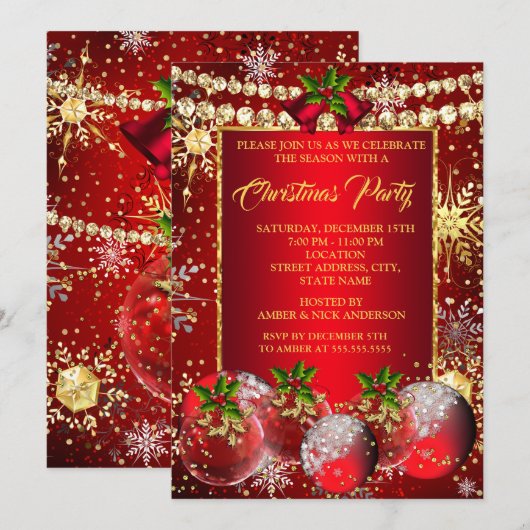 赤ゴールドのクリスマスホリデーパーティーボールとホーリー 招待状 (正面/裏面)