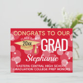 赤ゴールドのモダンなコンフェッティのぼかしバブル 卒業 招待状 (スタンド正面)