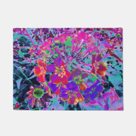 赤サイケデリックカラフルと紫の花 ドアマット