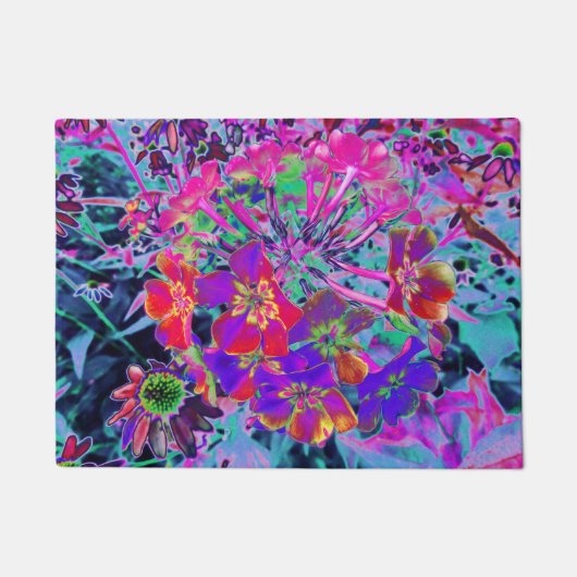 赤サイケデリックカラフルと紫の花 ドアマット (正面)