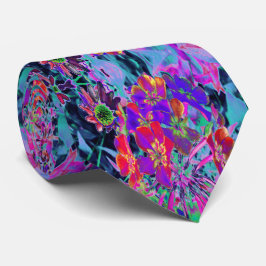 赤サイケデリックカラフルと紫の花 ネクタイ