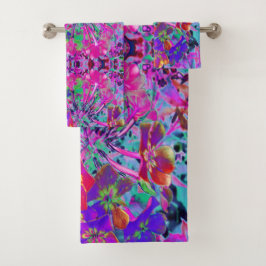 赤サイケデリックカラフルと紫の花 バスタオルセット