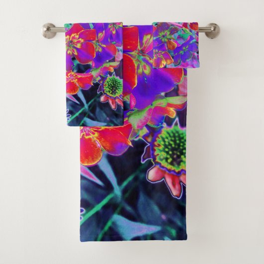 赤サイケデリックカラフルと紫の花 バスタオルセット (インサイチュ)