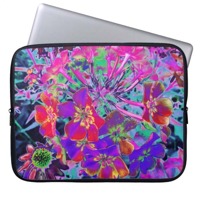 赤サイケデリックカラフルと紫の花 ラップトップスリーブ (正面)