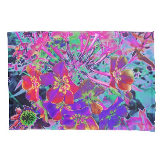 赤サイケデリックカラフルと紫の花 枕カバー (正面)