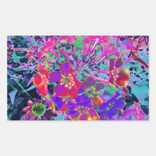 赤サイケデリックカラフルと紫の花 長方形シール (正面)