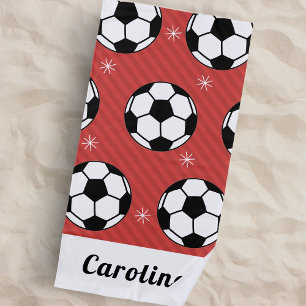 赤サッカーボール冬の雪ストライプの片の名前かわいい ビーチタオル