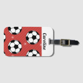 赤サッカー冬のボール&雪ストライプのアスリート名 ラゲッジタグ (正面横)