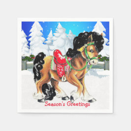 赤サドルの冬の情景ナプキン付き馬 スタンダードカクテルナプキン