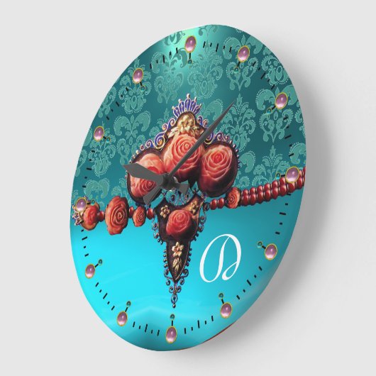 赤サンゴバラブルーダマスクモノグラム ラージ壁時計 (傾斜)