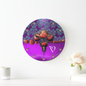 赤サンゴバラブルーパープルダマスモノグラム ラージ壁時計 (ホーム)