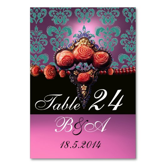 赤サンゴバラブルーピンク薄紫ダマスクモノグラム テーブルナンバー (正面)