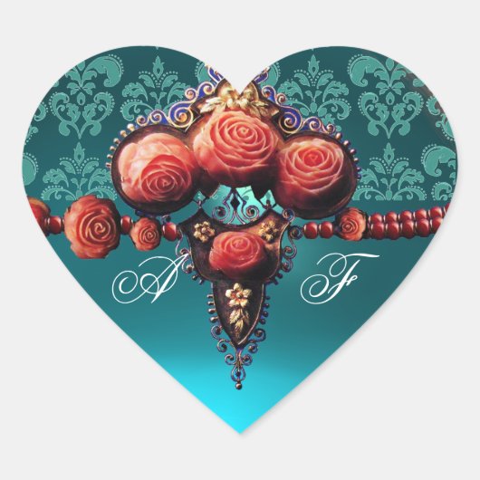 赤サンゴバラブルーブラックダマスクハートモノグラム ハートシール (正面)