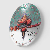 赤サンゴバラブルーホワイトダマスクモノグラム ラージ壁時計 (傾斜)