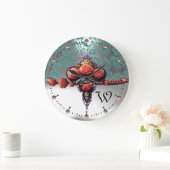 赤サンゴバラブルーホワイトダマスクモノグラム ラージ壁時計 (ホーム)