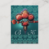 赤サンゴバラ、アクアブルーブラックダマスクモノグラム 名刺 (裏面)