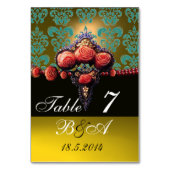 赤サンゴバラ、ブルーイエローブラックダマスクモノグラム テーブルナンバー (正面)