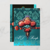 赤サンゴバラ、ブルーブラックダマスクモノグラムRSVP 出欠カード (正面/裏面)