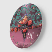 赤サンゴバラ、青紫ピンクダマスクモノグラム ラージ壁時計 (傾斜)