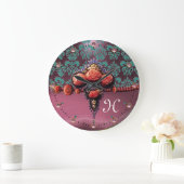 赤サンゴバラ、青紫ピンクダマスクモノグラム ラージ壁時計 (ホーム)