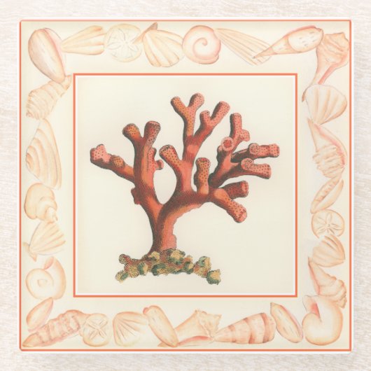 赤サンゴ貝縁ど殻 ガラスコースター (正面)