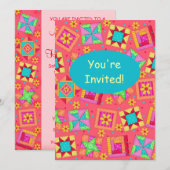 赤サンゴ ターコイズ パッチワーク キルト ブロック アート 招待状 (正面/裏面)