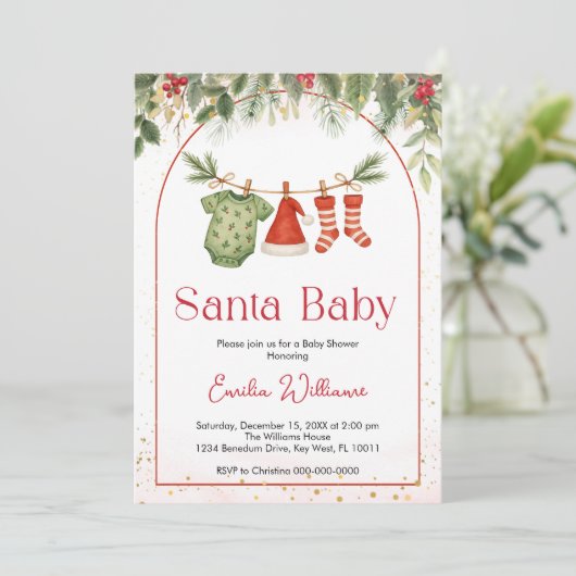 赤サンタのクリスマスクローザライン赤ちゃんシャワー 招待状 (スタンド正面)